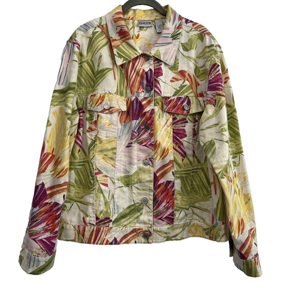 Chicos Women's Jacket Size XL‎ Linen Blend Long Sleeve Tropical Colorful Silver